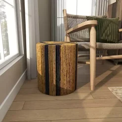 Handmade Round Banana Leaf Striped Accent Table
