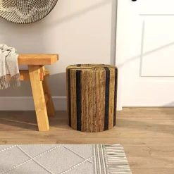 Handmade Round Banana Leaf Striped Accent Table