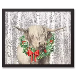 Highland Cow Wreath Black Framed Canvas Art Print