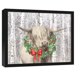Highland Cow Wreath Black Framed Canvas Art Print