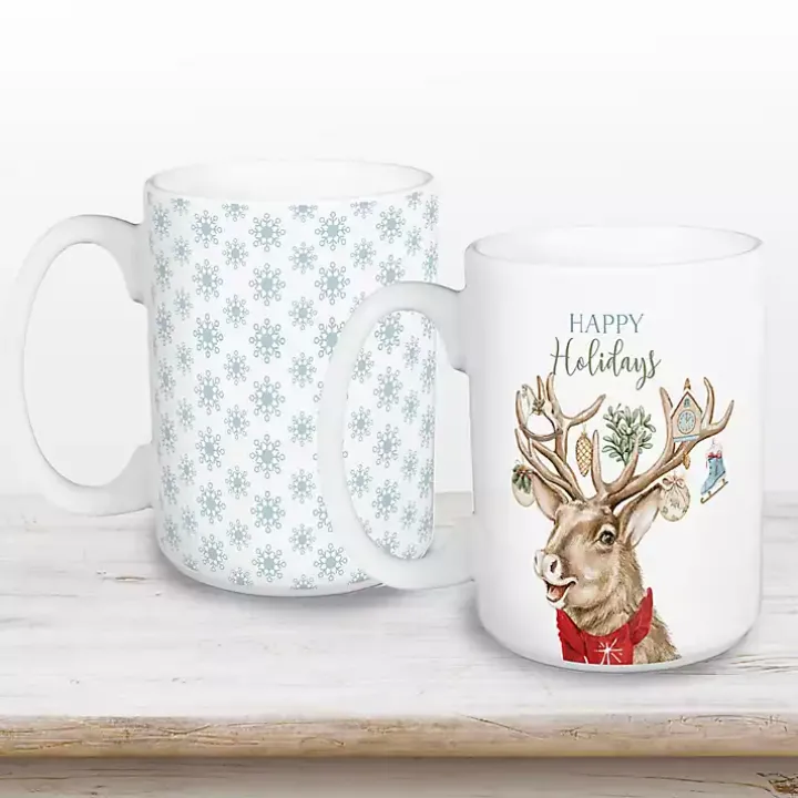 Holiday Deer & Snowflakes Christmas Mugs, Set of 2