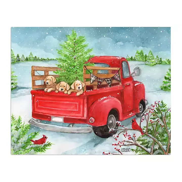 Holiday Puppies in Truck Canvas Art Print