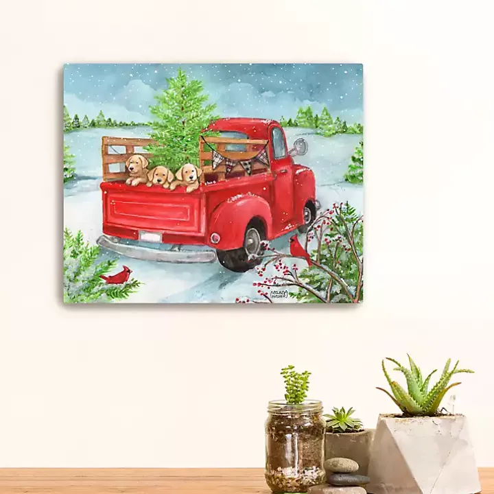 Holiday Puppies in Truck Canvas Art Print