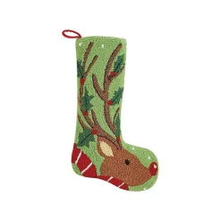 Holly Reindeer Hooked Wool Christmas Stocking