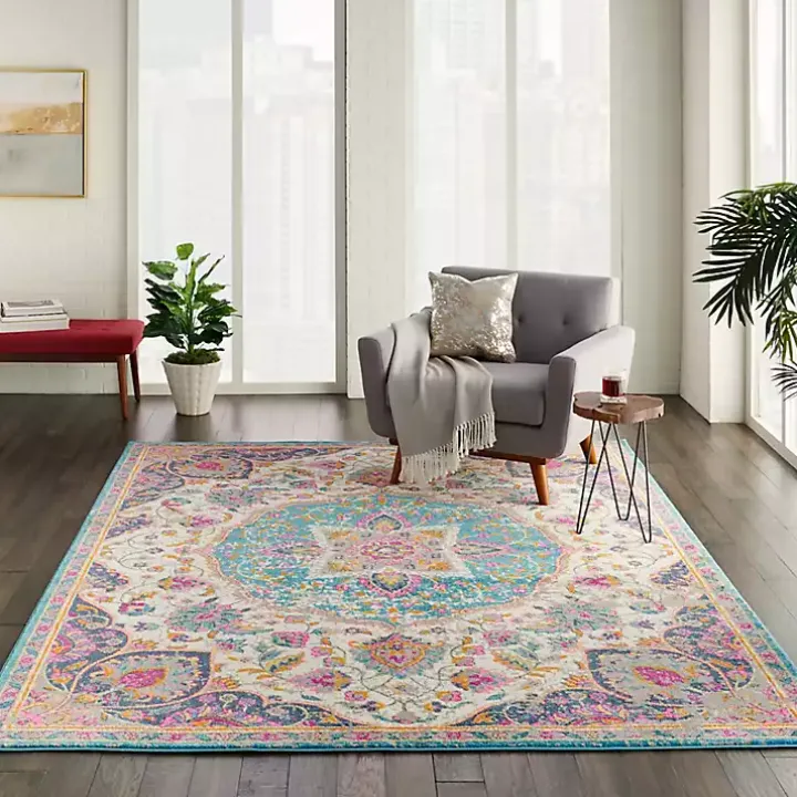Ivory & Multi Floral Medallion Area Rug, 6x9