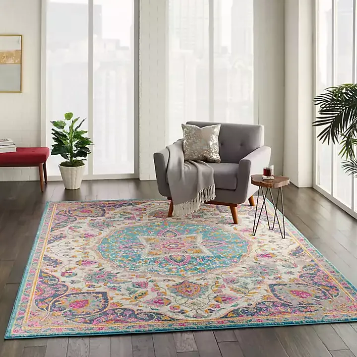 Ivory & Multi Floral Medallion Area Rug, 6x9
