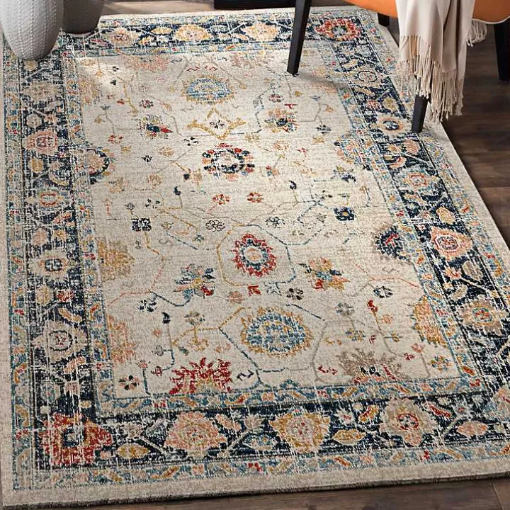 Ivory and Blue Traditional Floral Area Rug, 5x7