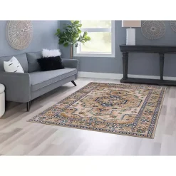 Ivory and Gold Julian Washable Area Rug, 5x7