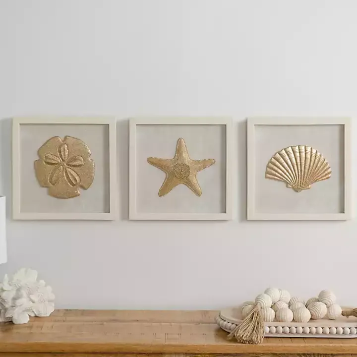 Ivory and Gold Shell Shadow Wall Plaques, Set of 3