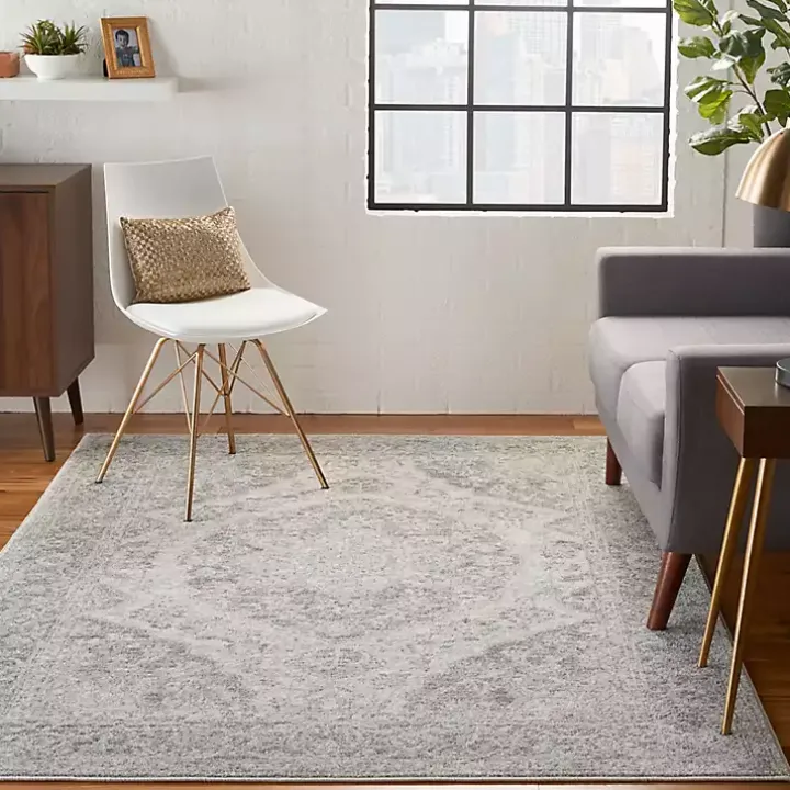 Ivory and Gray Oushak Medallion Area Rug, 5x7