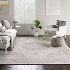 Ivory and Gray Oushak Medallion Area Rug, 7x10