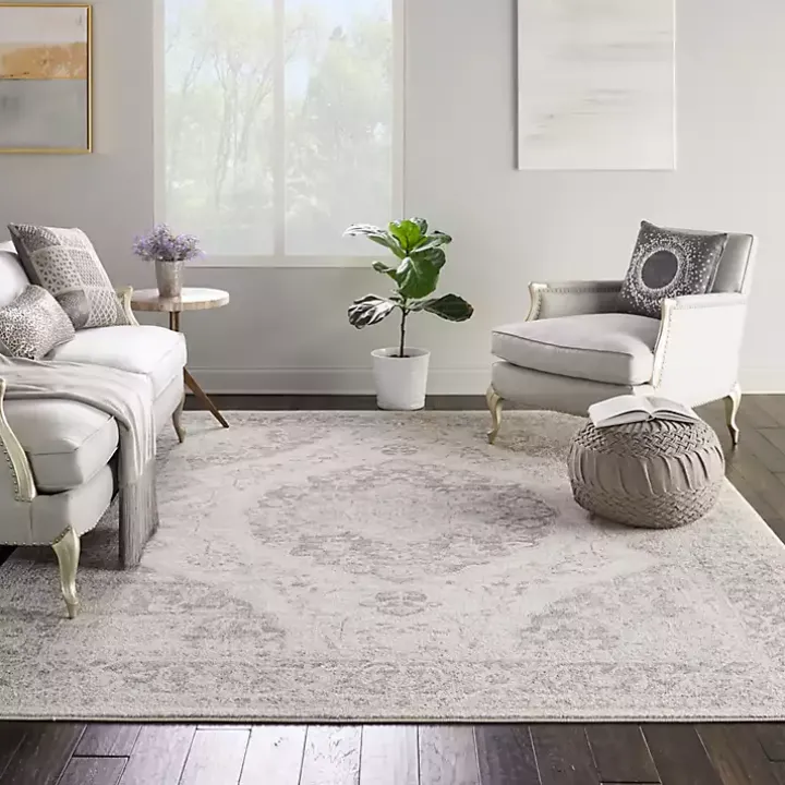 Ivory and Gray Oushak Medallion Area Rug, 7x10