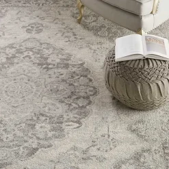 Ivory and Gray Oushak Medallion Area Rug, 7x10