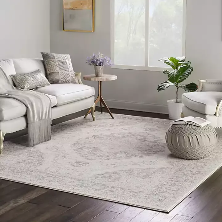 Ivory and Gray Oushak Medallion Area Rug, 7x10