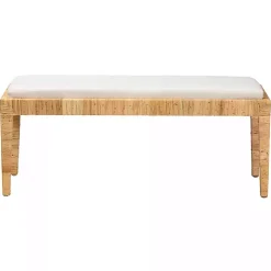 Ivory and Natural Woven Rattan Bench
