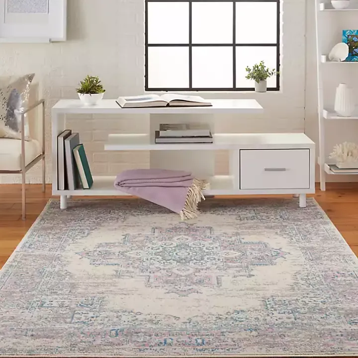 Ivory and Pink Central Medallion Area Rug, 5x7