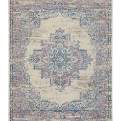 Ivory and Pink Central Medallion Area Rug, 7x9