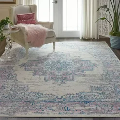 Ivory and Pink Central Medallion Area Rug, 7x9