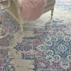 Ivory and Pink Central Medallion Area Rug, 7x9