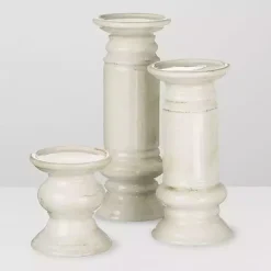 Ivory Ceramic Column Pillar Holders, Set of 3