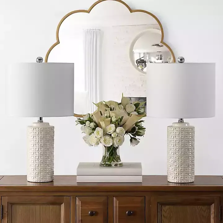 Ivory Ceramic Motif Table Lamps, Set of 2