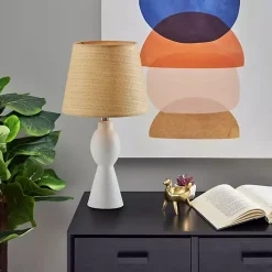 Ivory Ceramic Woven Rattan Shade Table Lamp