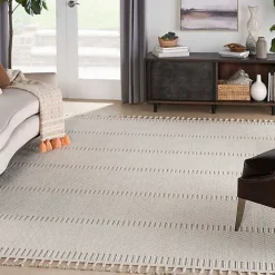 Ivory Chevron Diamond Tasseled Area Rug, 7x10