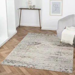 Ivory Distressed Medallion Washable Area Rug, 7x9