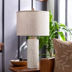 Ivory Embossed Floral Cylinder Table Lamp