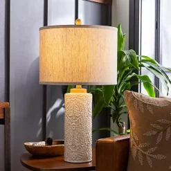 Ivory Embossed Floral Cylinder Table Lamp