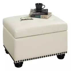 Ivory Faux Leather Jessy Storage Ottoman