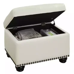 Ivory Faux Leather Jessy Storage Ottoman