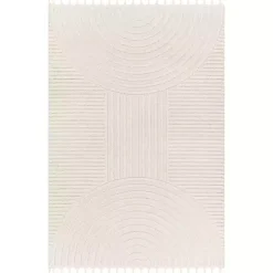 Ivory Geometric Lines Tassel Area Rug, 5x7
