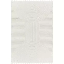 Ivory Geometric Lines Tassel Area Rug, 6x9