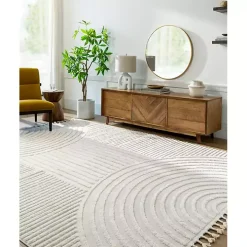 Ivory Geometric Lines Tassel Area Rug, 6x9