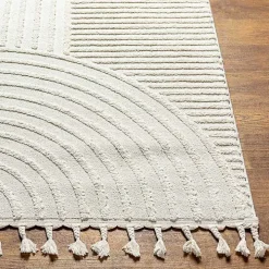 Ivory Geometric Lines Tassel Area Rug, 6x9