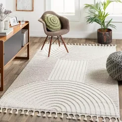 Ivory Geometric Lines Tassel Area Rug, 6x9