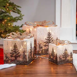 Ivory Jeweled Forest Lit Christmas Gifts, Set of 3