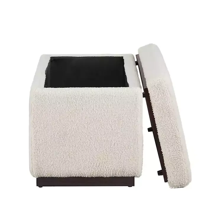 Ivory Sherpa & Walnut Rectangle Storage Ottoman