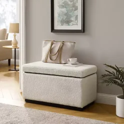 Ivory Sherpa & Walnut Rectangle Storage Ottoman
