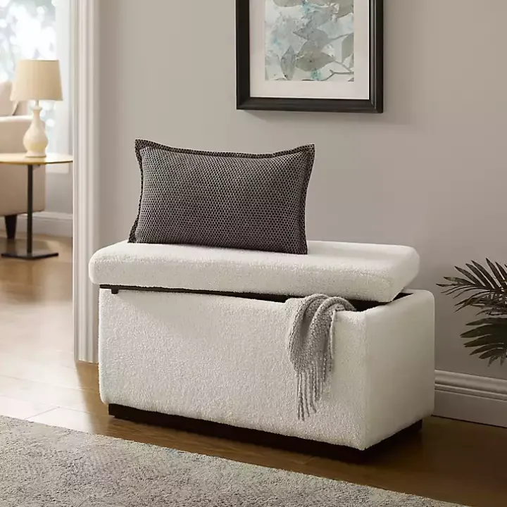 Ivory Sherpa & Walnut Rectangle Storage Ottoman