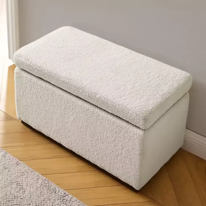 Ivory Sherpa & Walnut Rectangle Storage Ottoman