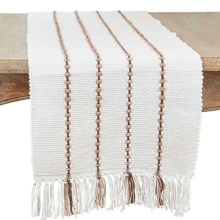Ivory Striped Fringe Table Runner