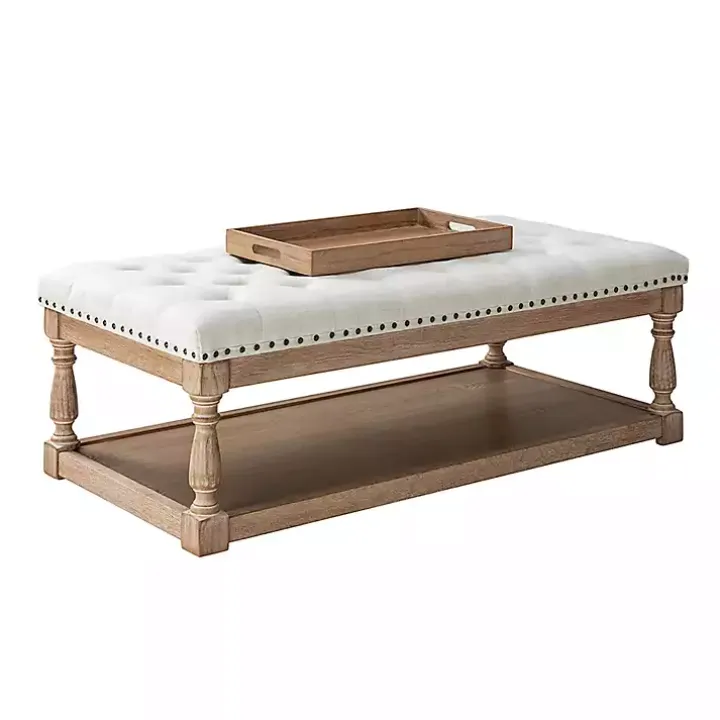 Ivory Tufted Rectangle Wood Ottoman