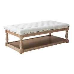 Ivory Tufted Rectangle Wood Ottoman