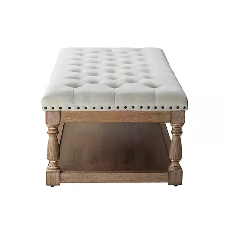 Ivory Tufted Rectangle Wood Ottoman