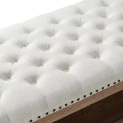 Ivory Tufted Rectangle Wood Ottoman