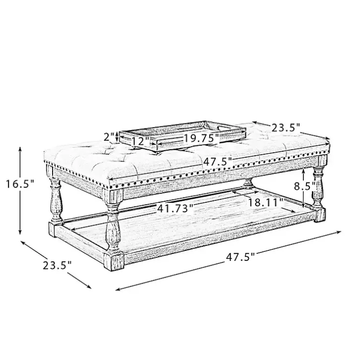 Ivory Tufted Rectangle Wood Ottoman