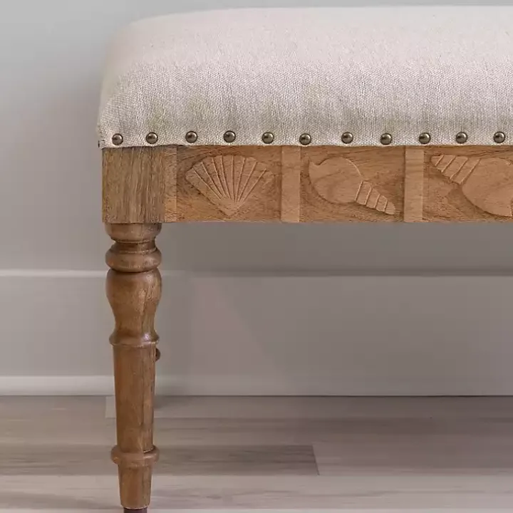 Ivory Upholstered Seashell Wood Bench