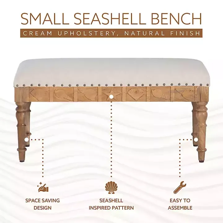 Ivory Upholstered Seashell Wood Bench